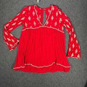 Free People Red Embroidered Boho Tunic Top Open Back Bell Sleeve Women Size S